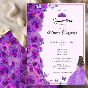 Lila 15. Geburtstagsrosen und Kleid Quinceanera Einladung