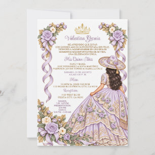 Lila 15 Jahre Charra Mädchen Gold Quinceañera Flor Einladung