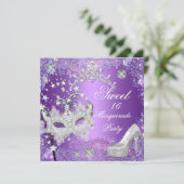 Lila 16 . Geburtstag 16 Masquerade Tiara Shoe Einladung (Stehend Vorderseite)