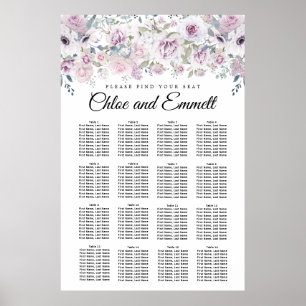 Lila 16-Tisch-Hochzeitskarte mit weißer Blüte Poster