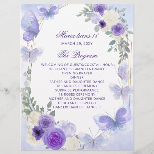 Lila 18 Kerzen und Rose Zeremonie Programm (Vorderseite)