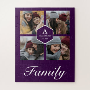 Lila 4 Bilder Familienfoto-Collage Name Puzzle