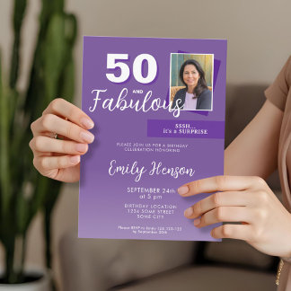 Lila 50 und fabelhaftes 50. Geburtstagsparty Foto Einladung