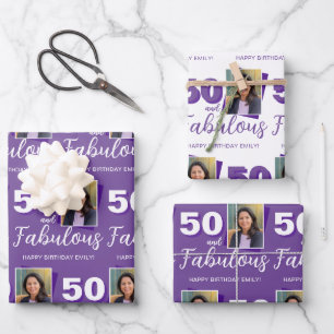 Lila 50 und fantastisch 50. Geburtstagsfoto Geschenkpapier Set