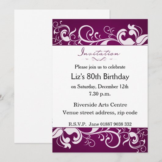 Lila 80. Geburtstag Einladung (Vorne/Hinten)