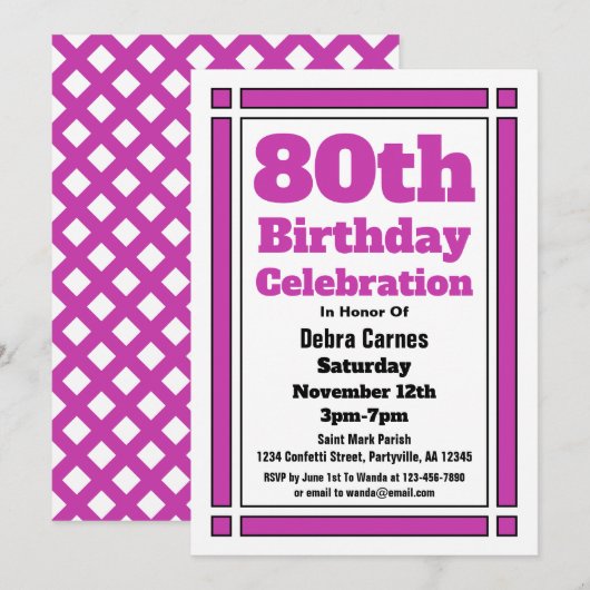 Lila 80. Geburtstag Einladung (Vorne/Hinten)