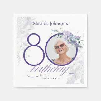 Lila 80. Geburtstagsflorale Wisteria Custom Foto Serviette