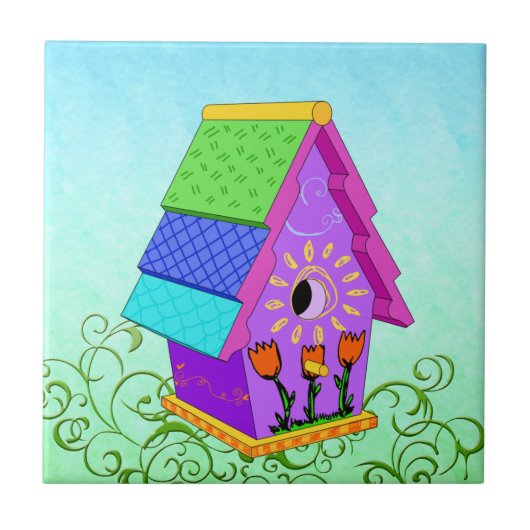 Lila A-Frame-Birdhouse-Fliesen und Trivets Fliese (Vorderseite)