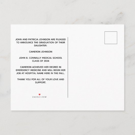 Lila Abschluss des Fotos der White Medical School Ankündigungspostkarte (Rückseite)