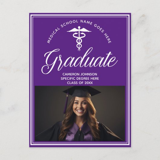 Lila Abschluss des Fotos der White Medical School Ankündigungspostkarte (Vorderseite)
