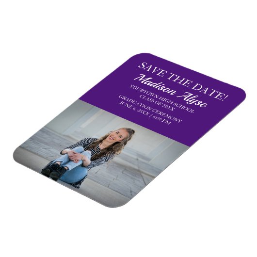 Lila Abschluss mit weißem Foto Speichern des Datum Magnet (Linke Seite)