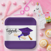 Lila Abschlussmütze und Diplom Pappteller (Party)