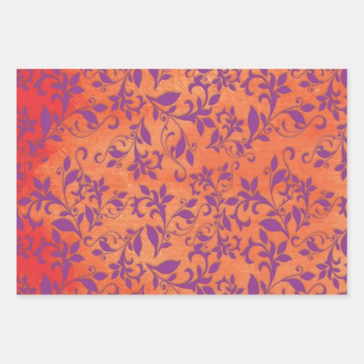 Lila Abstrakte Blüte auf Orangenflächen Geschenkpapier Set (Vorderseite 3)