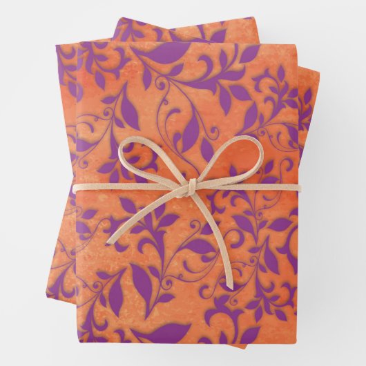 Lila Abstrakte Blüte auf Orangenflächen Geschenkpapier Set (Beispiel)