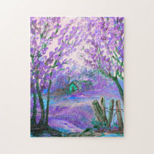 Lila abstrakte Landschaft mit Bäumen Puzzle