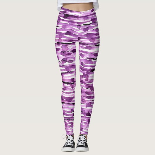 Lila Abstrakte Wasserfarben Streifen Leggings (Vorderseite)