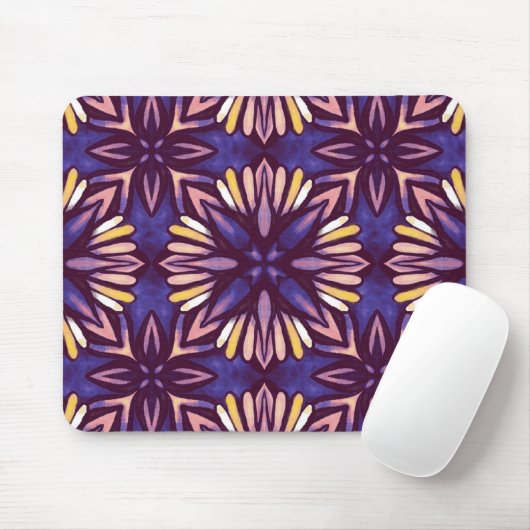 Lila Abstraktes Blumenmuster Yellow Indigo Boho Mousepad (Mit Mouse)