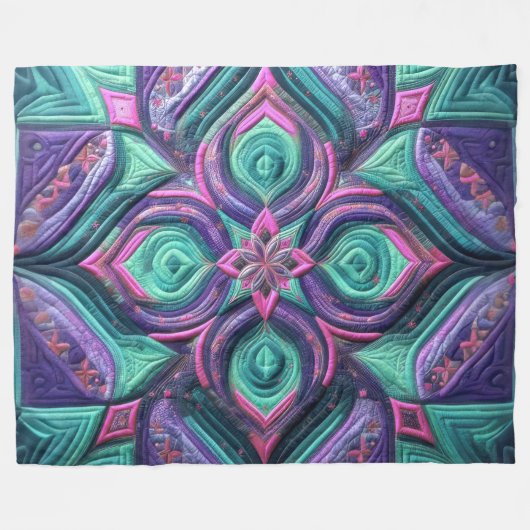 Lila abstraktes Design in gesteppter Rosa Aqua Fleecedecke (Vorderseite (Horizontal))