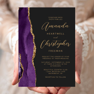 Lila Achat Gold Moderne Schrift Schiefer Hochzeit Einladung