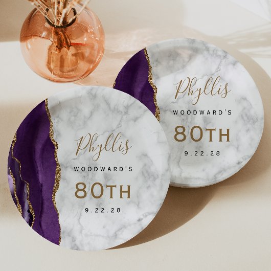 Lila Achat-Marmor Gold Schrift 80. Geburtstag Pappteller