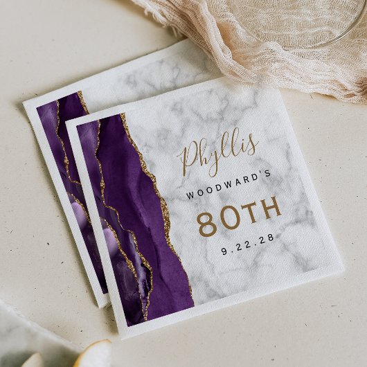 Lila Achat-Marmor Goldschrift 80. Geburtstag Serviette