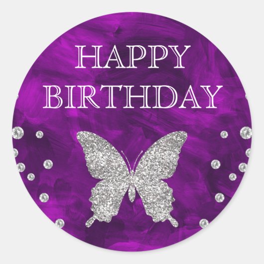 Lila Acrylic & Silver Glitzer Butterfly Geburtstag Runder Aufkleber (Vorderseite)
