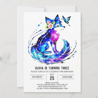 Lila Adorable Wolf Digital Girl Geburtstag Einladung