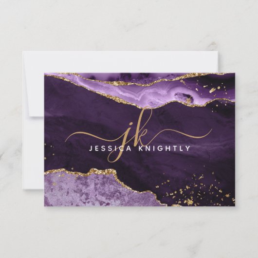 Lila Agate Geode Gold Glitzer Script Monogram Mitteilungskarte (Vorderseite)