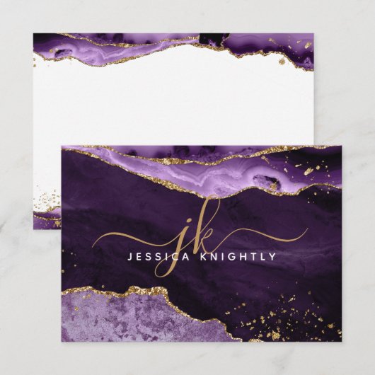 Lila Agate Geode Gold Glitzer Script Monogram Mitteilungskarte (Vorne/Hinten)