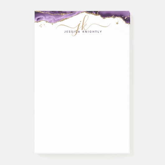 Lila Agate Geode Gold Glitzer Script Monogram Post-it Klebezettel (Vorderseite)