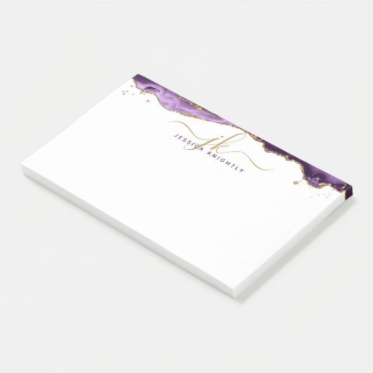 Lila Agate Geode Gold Glitzer Script Monogram Post-it Klebezettel (angewinkelt)