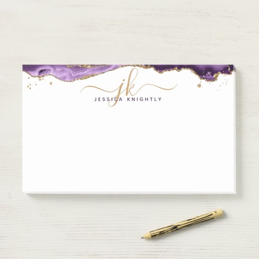 Lila Agate Geode Gold Glitzer Script Monogram Post-it Klebezettel (Auf Schreibtisch)