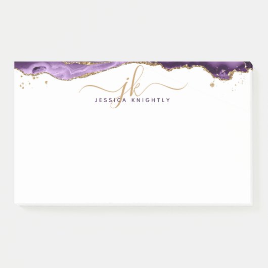 Lila Agate Geode Gold Glitzer Script Monogram Post-it Klebezettel (Vorderseite)