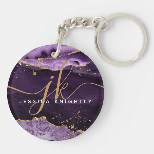 Lila Agate Geode Gold Glitzer Script Monogram Schlüsselanhänger (Rückseite)