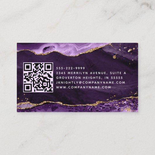 Lila Agate Geode Monogram Gold Script Visitenkarte (Rückseite)