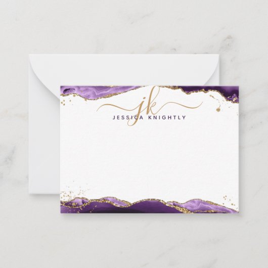 Lila Agate Geode Script Monogram Gold Glitzer Mitteilungskarte (Vorderseite)