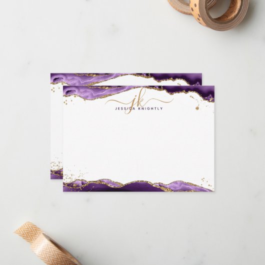 Lila Agate Geode Script Monogram Gold Glitzer Mitteilungskarte (Vorderseite/Rückseite Beispiel)