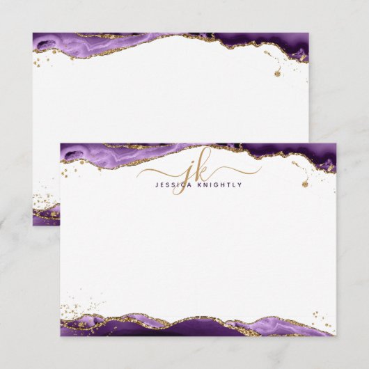 Lila Agate Geode Script Monogram Gold Glitzer Mitteilungskarte (Vorne/Hinten)