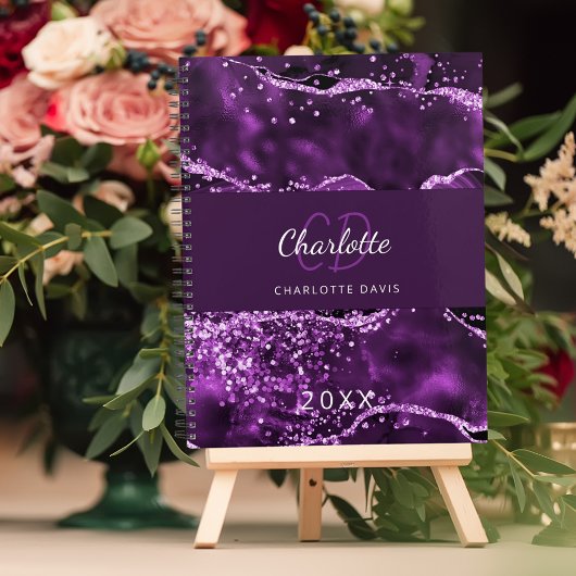 Lila agate Glitzer rosa Marmormonogramm 2023 Planer