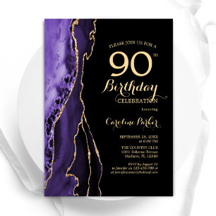 Lila Agate Gold Black 90. Geburtstag Einladung