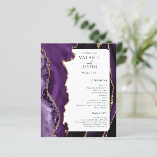 Lila Agate Gold Glitzer Hochzeitsprogramm (Stehend Vorderseite)
