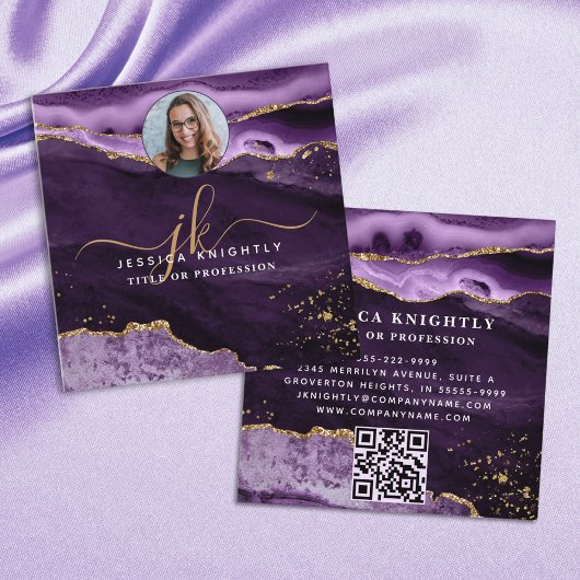 Lila Agate Gold Glitzer Script Foto QR Quadratische Visitenkarte