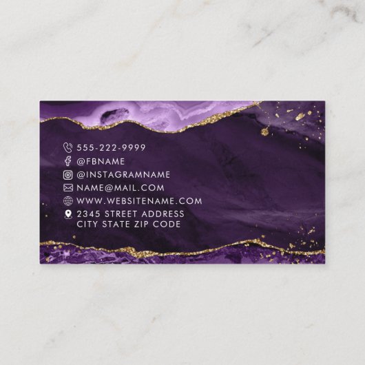 Lila Agate Gold Glitzer Script Monogram Visitenkarte (Rückseite)