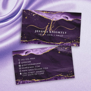 Lila Agate Gold Glitzer Script Monogram Visitenkarte