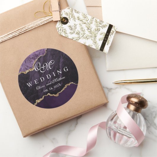 Lila Agate & Gold Hochzeitsskript Runder Aufkleber (Schenken)