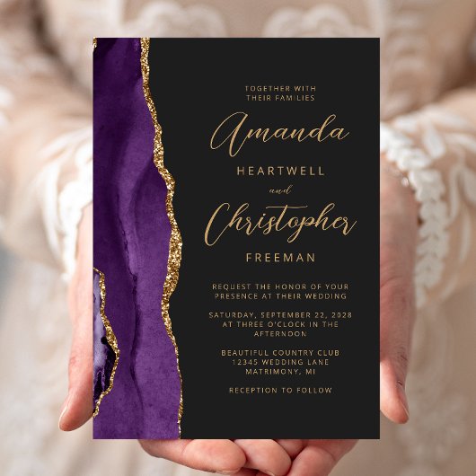 Lila Agate Gold Moderne Script Hochzeit Einladung