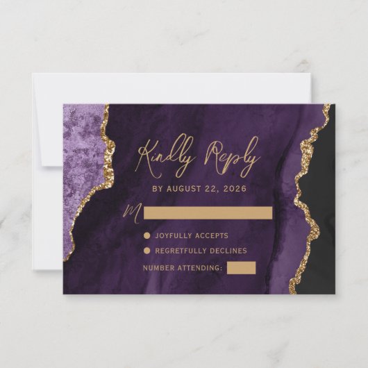 Lila Agate Gold Script Wedding RSVP Karte (Vorderseite)