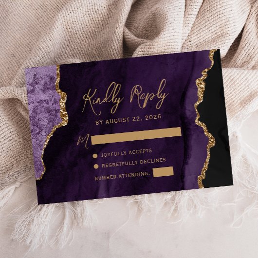 Lila Agate Gold Script Wedding RSVP Karte