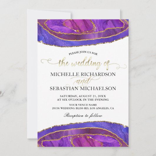 Lila Agate Modern Watercolor Goldhochzeit Einladung (Vorderseite)