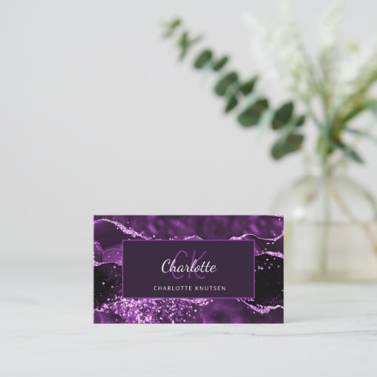 Lila agate rosa Marmor Glitzer Monogramm Visitenkarte (Stehend Vorderseite)
